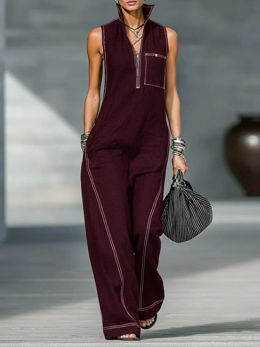 Stand-Up Collar Jumpsuit With Pockets – Casual Sleeveless Wide Leg Summer Women Outfit