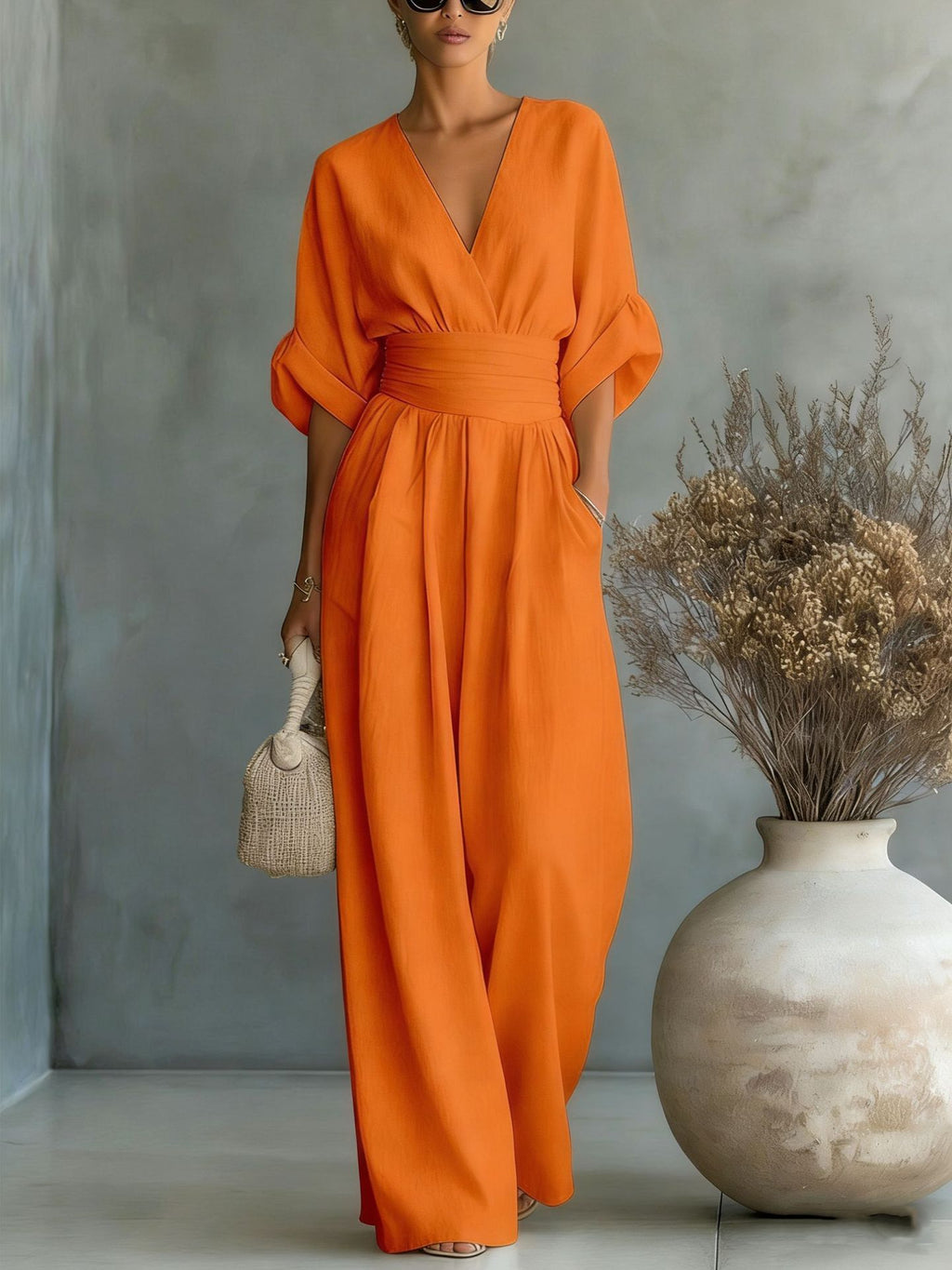V Neck Wide Leg Jumpsuit – Short Sleeve Elegant Summer Casual Women Outfit