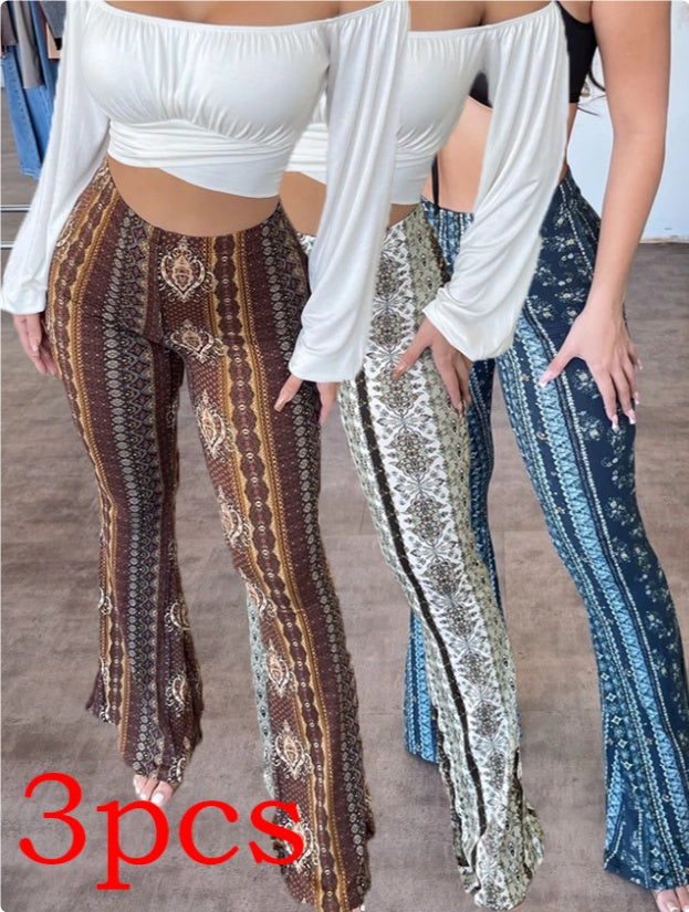 Three pairs of patterned pants displayed side by side on a neutral background.