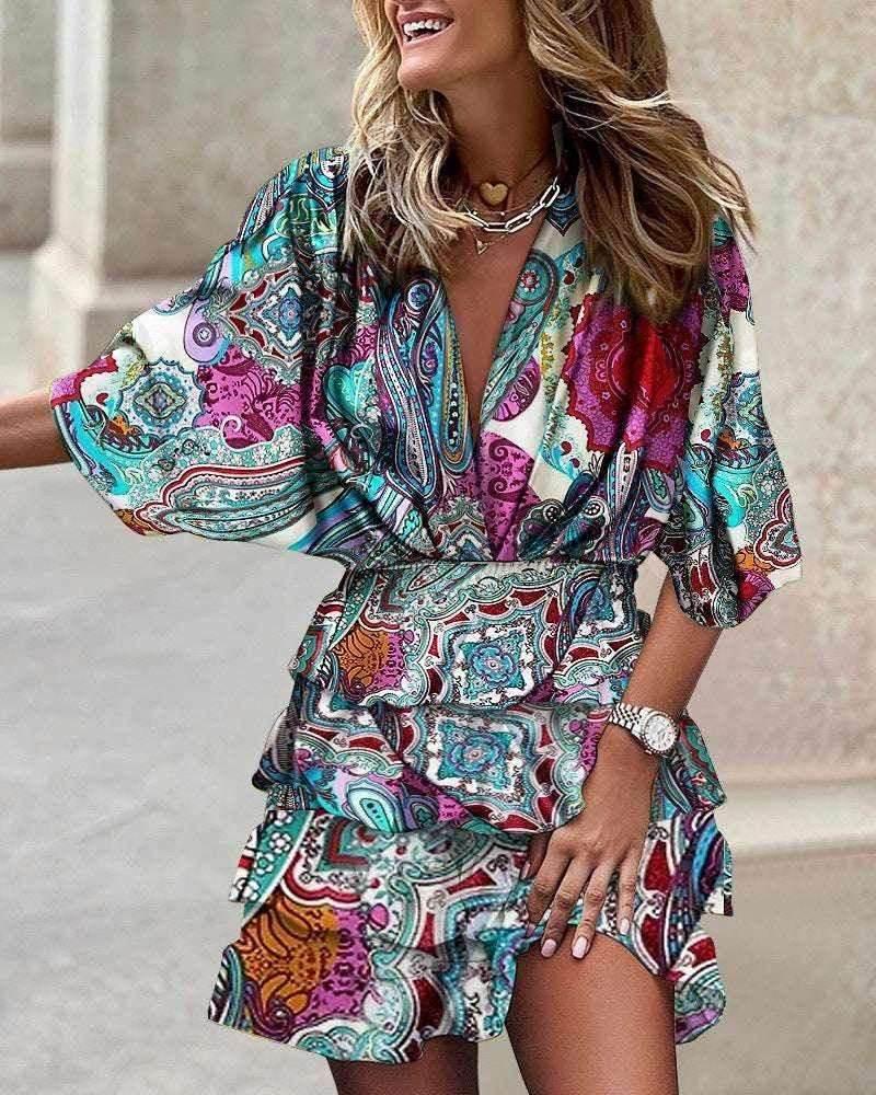 Irregular Hem Bat Sleeve V-Neck Dress – Bold Prints - ZA-Zola