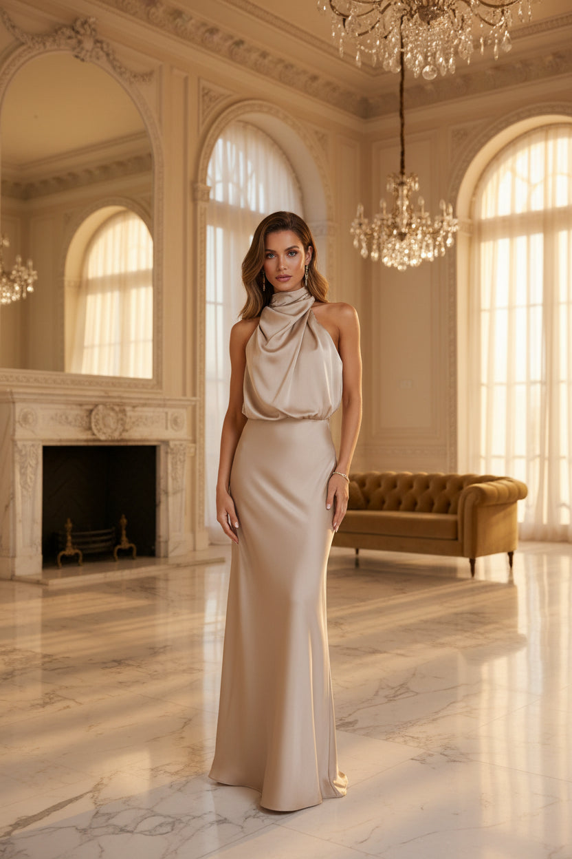 Beige halter neck gown on a white background