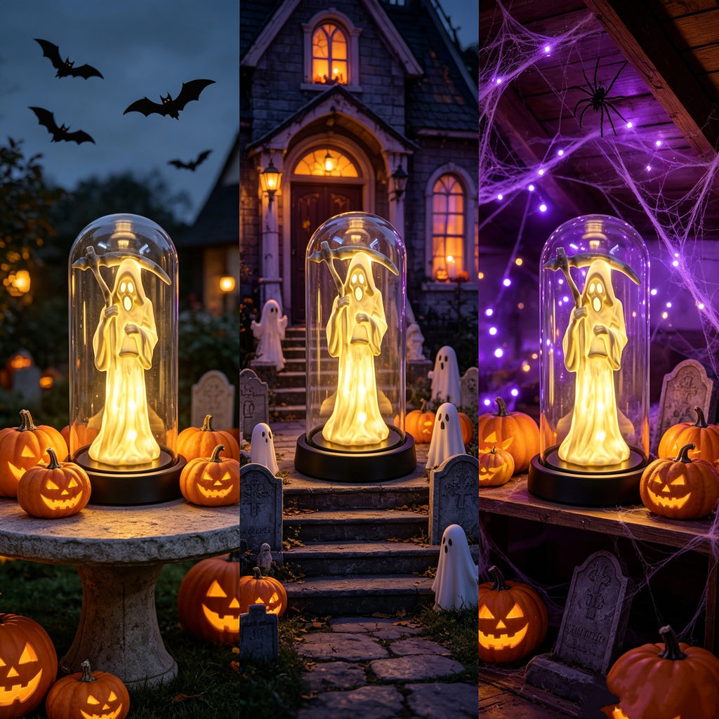 Three vertical panels show a glowing ghost figurine inside a clear dome lamp, styled in Halloween settings with pumpkins, cobwebs, bats, tombstones, and a haunted house background.