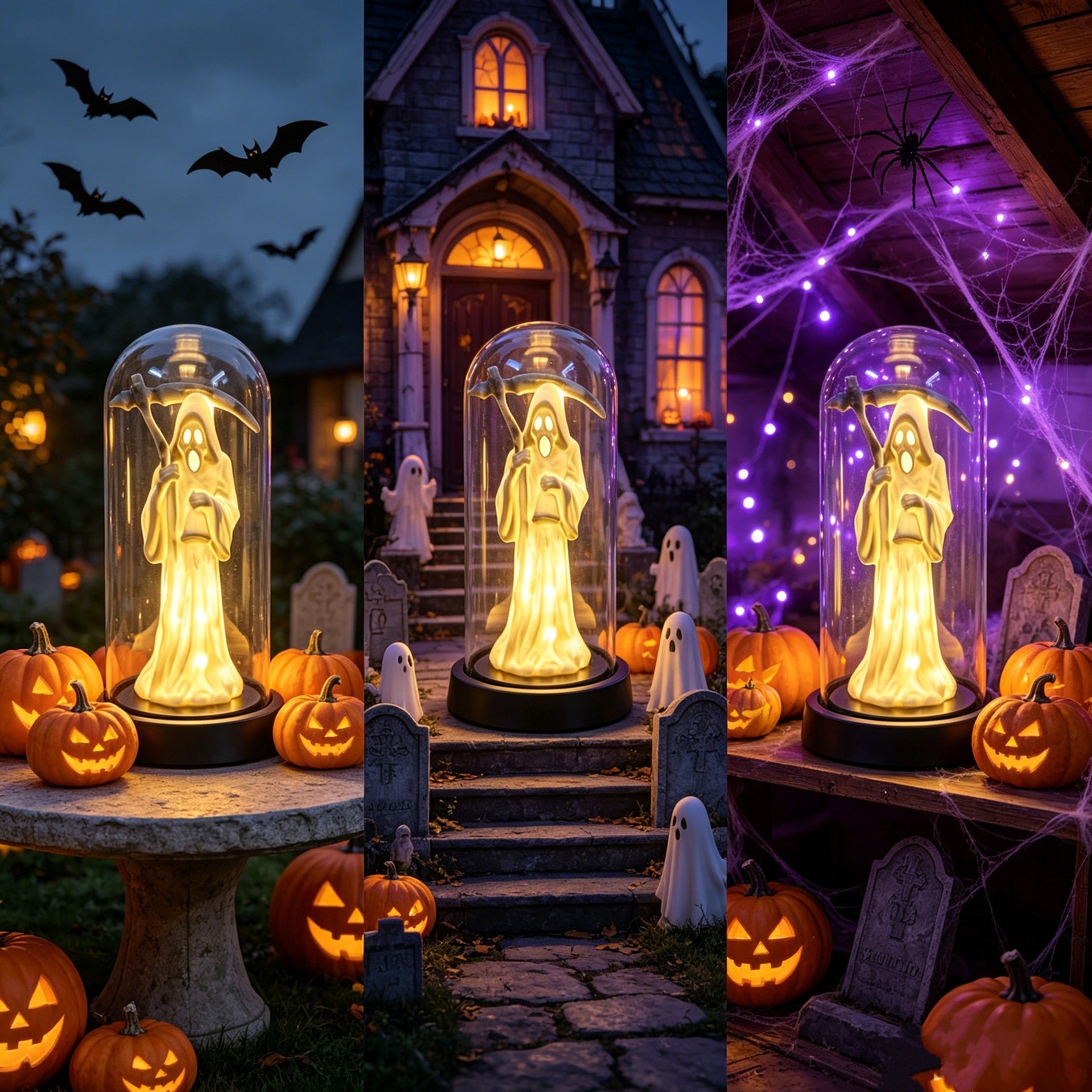 Three vertical panels show a glowing ghost figurine inside a clear dome lamp, styled in Halloween settings with pumpkins, cobwebs, bats, tombstones, and a haunted house background.