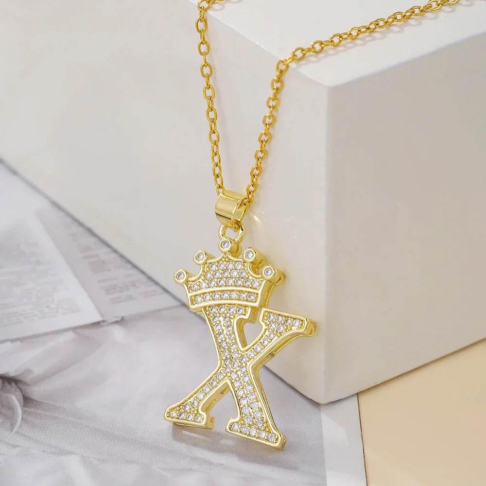 Gold Crown Initial Pendant Necklace for Daily Wear - ZA-Zola