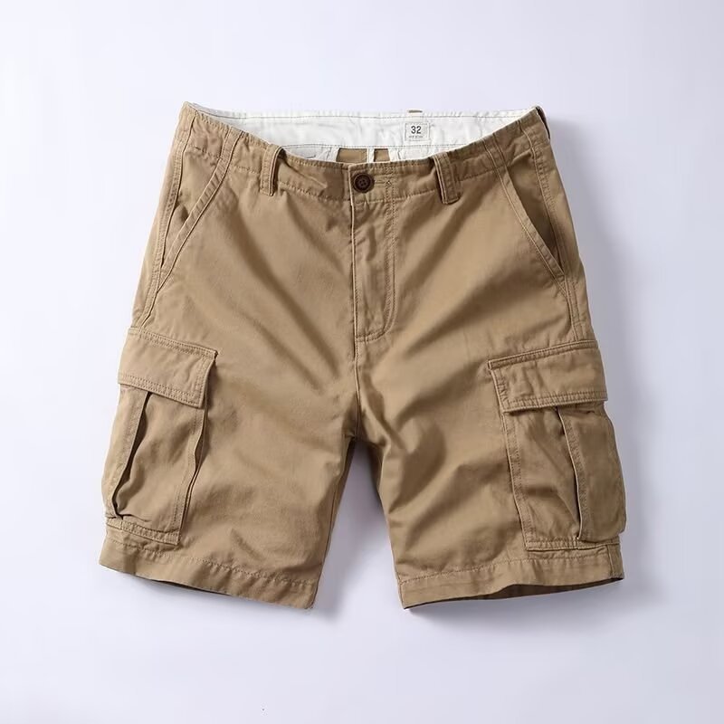 Beige cargo shorts on a white background