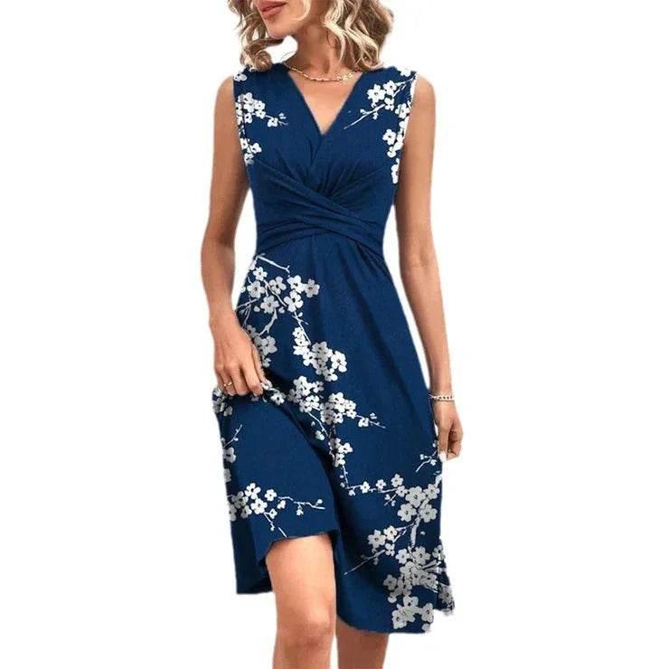 Light Blue Printed Cross V‑Neck Mid‑Length Dress - ZA-Zola