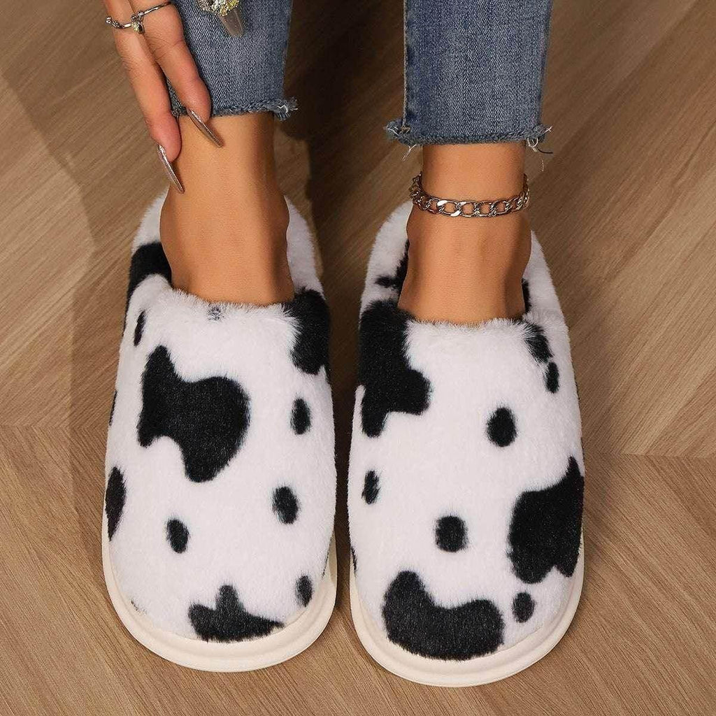 Cow Spotted Plush Slippers – Cozy Winter Warmth - ZA-Zola