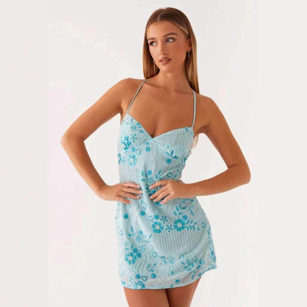 Women’s Sequin Embroidered Backless Sling Dress – High Waist Short Skirt (S–XXL) - ZA-Zola