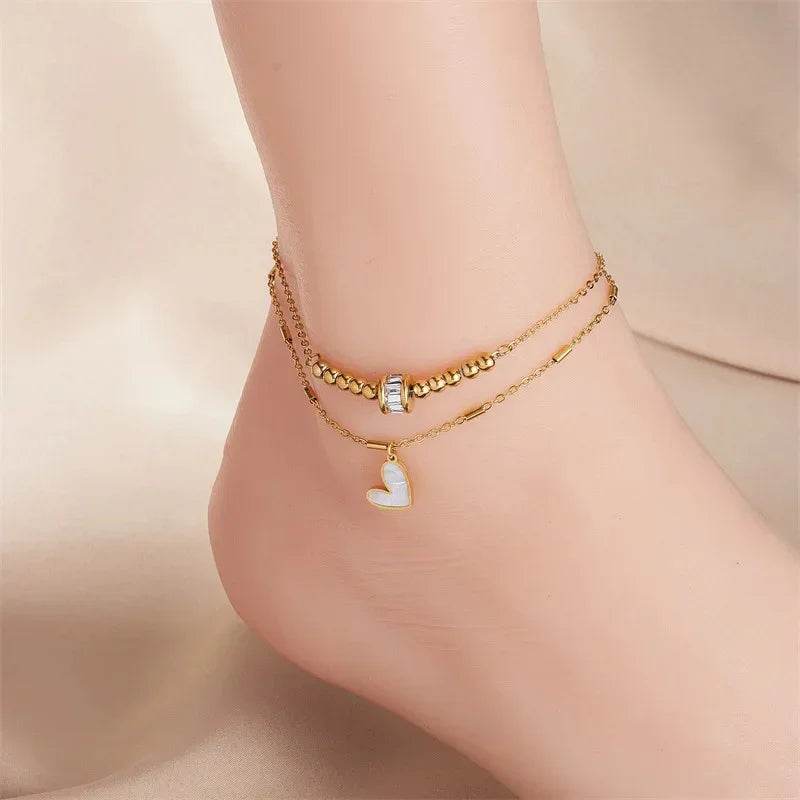 Boho Love Heart Double Layer Anklet – Chic Gold Jewelry - ZA-Zola