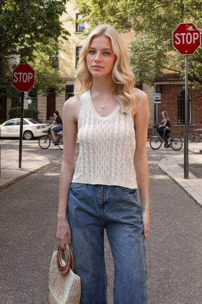 Knitted V-Neck Tank Vest – Casual Solid Top - ZA-Zola