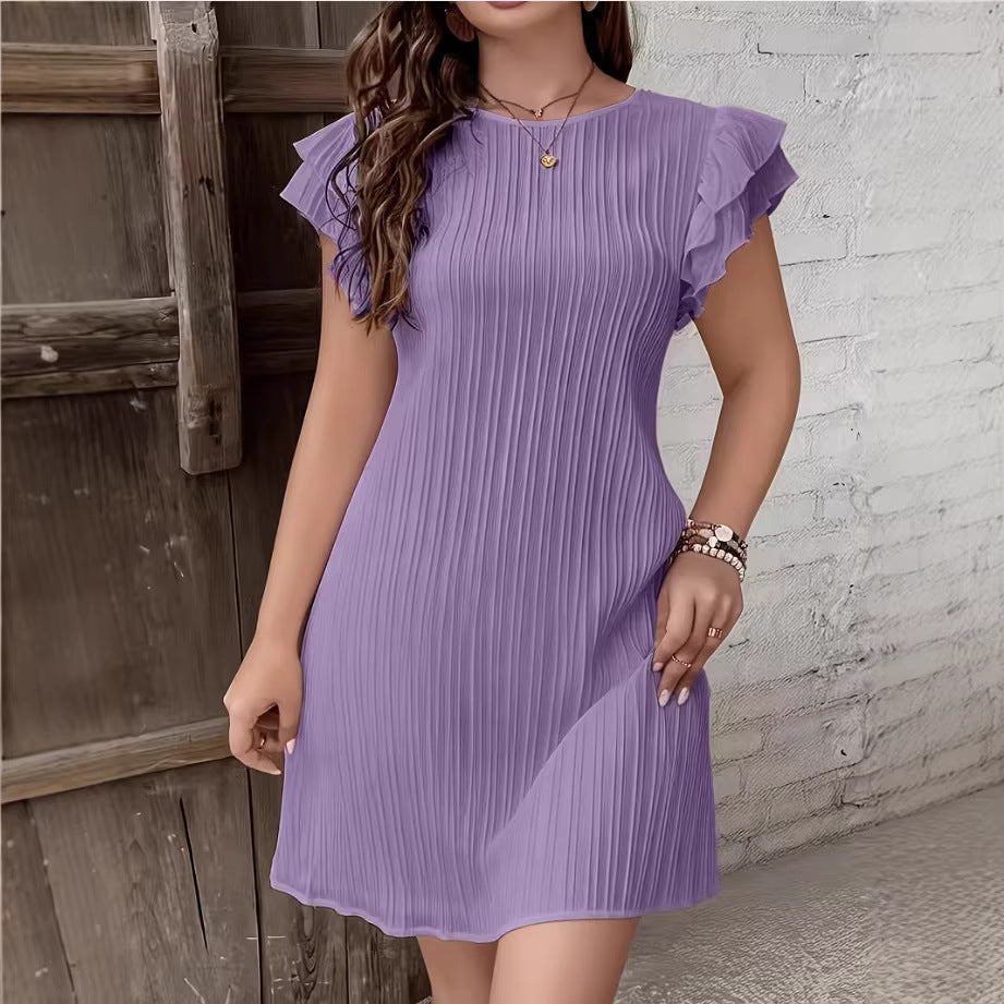 High-End Pleated Ruffle Solid Color Patchwork Midi Dress for Women