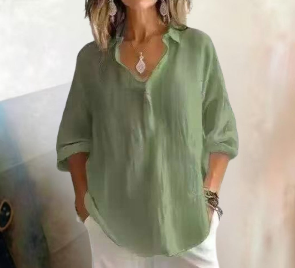 Fashion Loose Lapel Pullover 3/4 Sleeve Casual Shirt