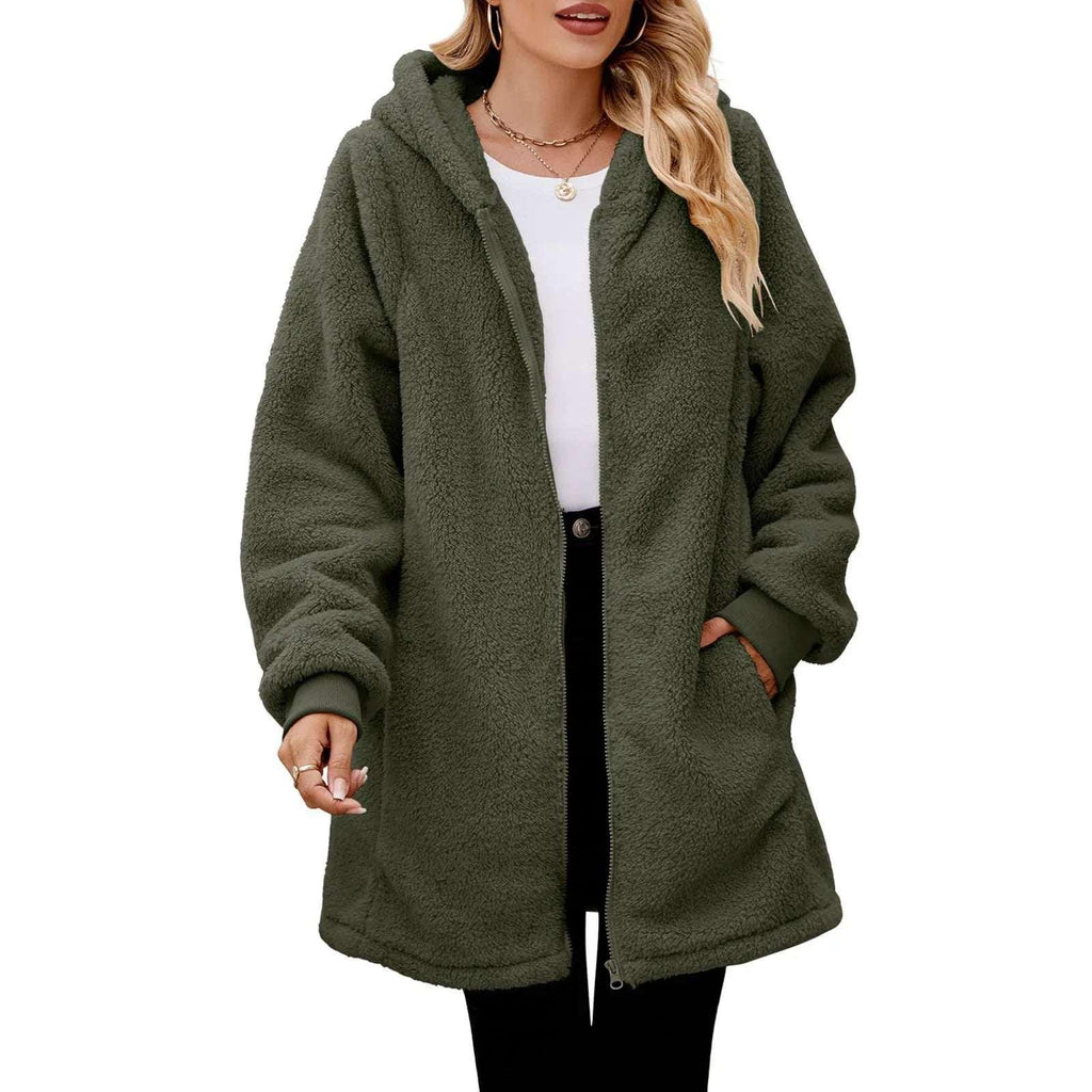 Women’s Plush Zip Hoodie Coat – Loose Long Sleeve Jacket - ZA-Zola