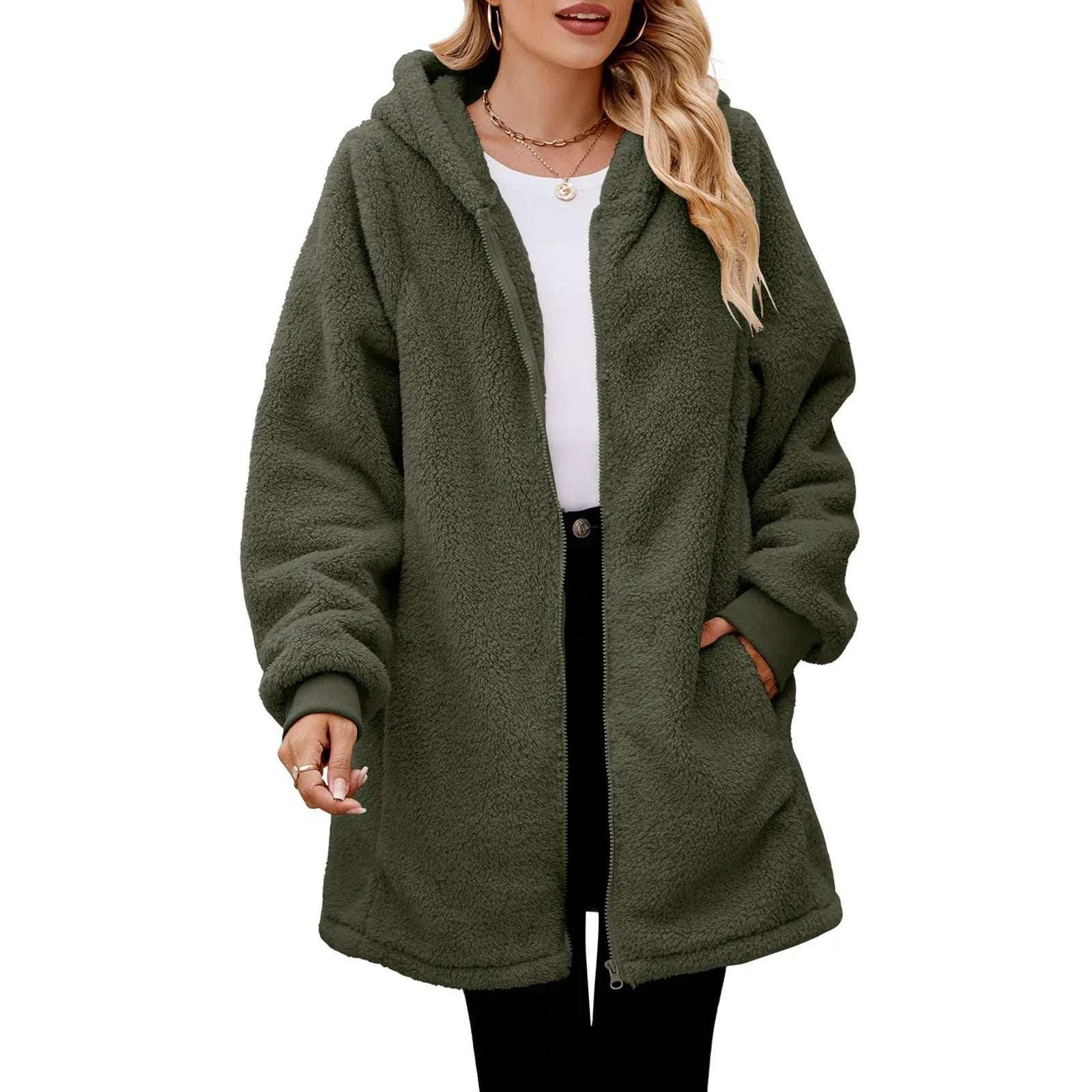 Women’s Plush Zip Hoodie Coat – Loose Long Sleeve Jacket - ZA-Zola
