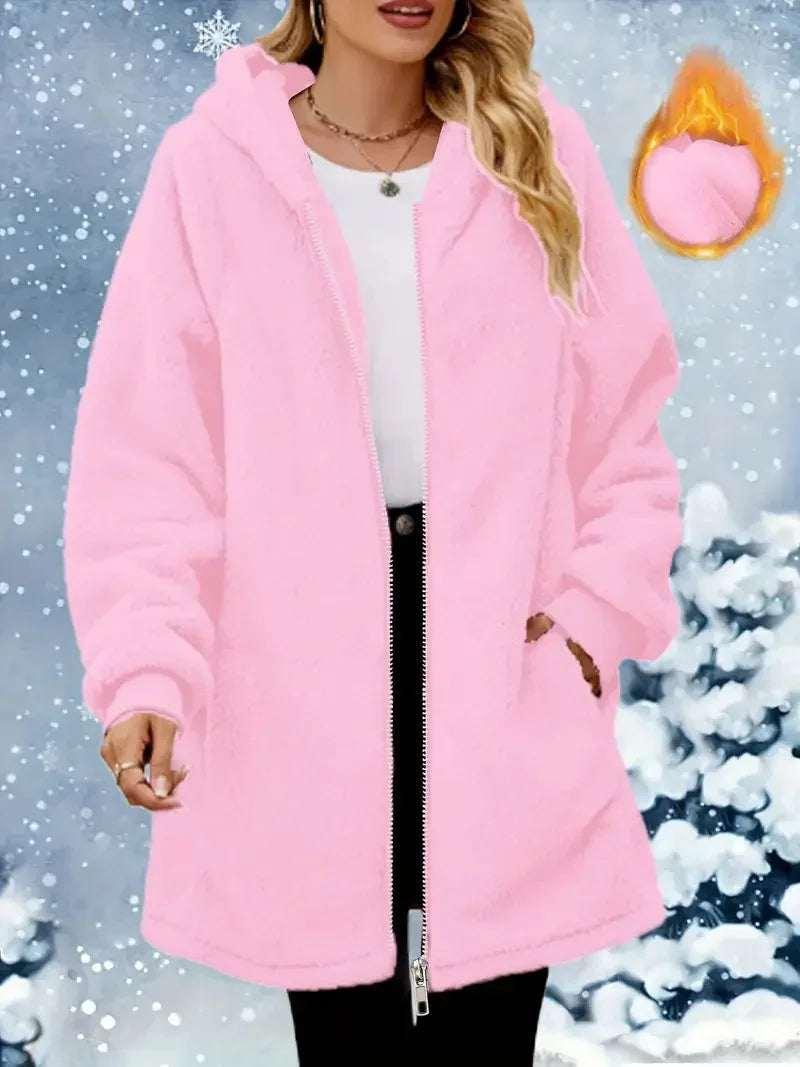 Women’s Plush Zip Hoodie Coat – Loose Long Sleeve Jacket - ZA-Zola