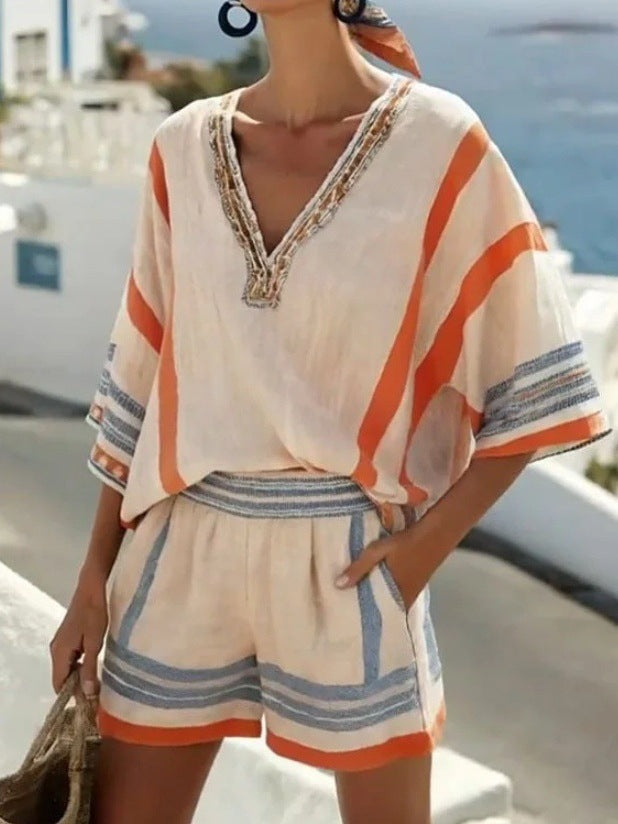 Striped Printed V Neck Top Shorts Set | Summer