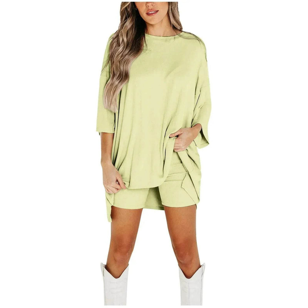 Woman wearing pastel green oversized top and shorts set from ZA-Zola fashion UK