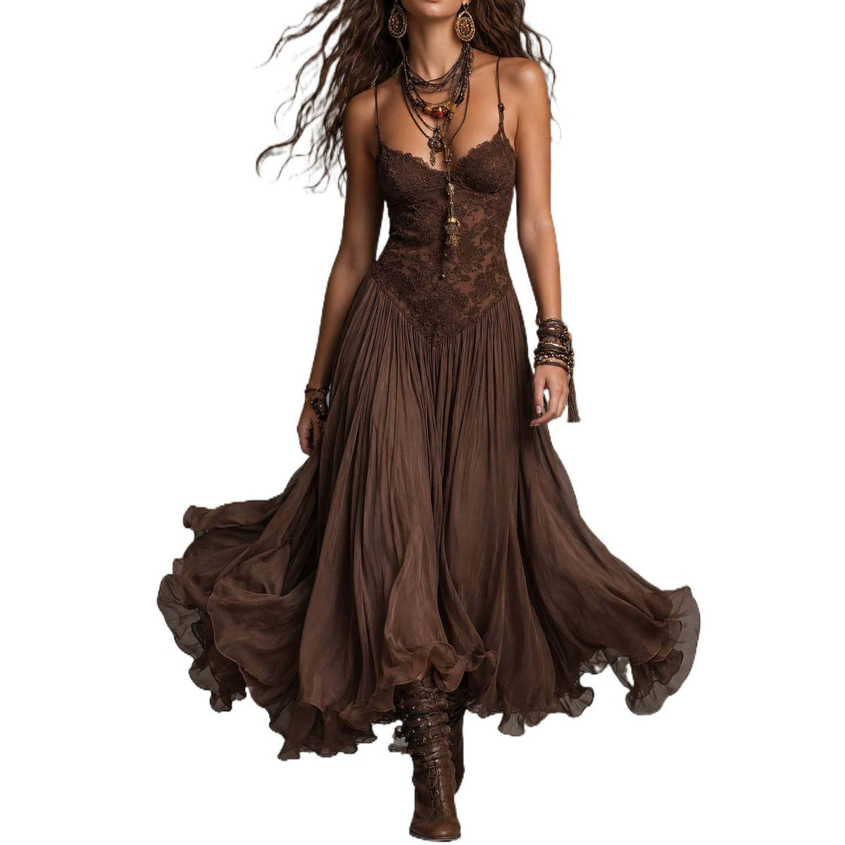 A woman wearing a brown bohemian-style maxi dress with a lace corset bodice and flowing chiffon skirt, accessorized with layered necklaces, bracelets, and lace-up boots, shown against a plain white background.