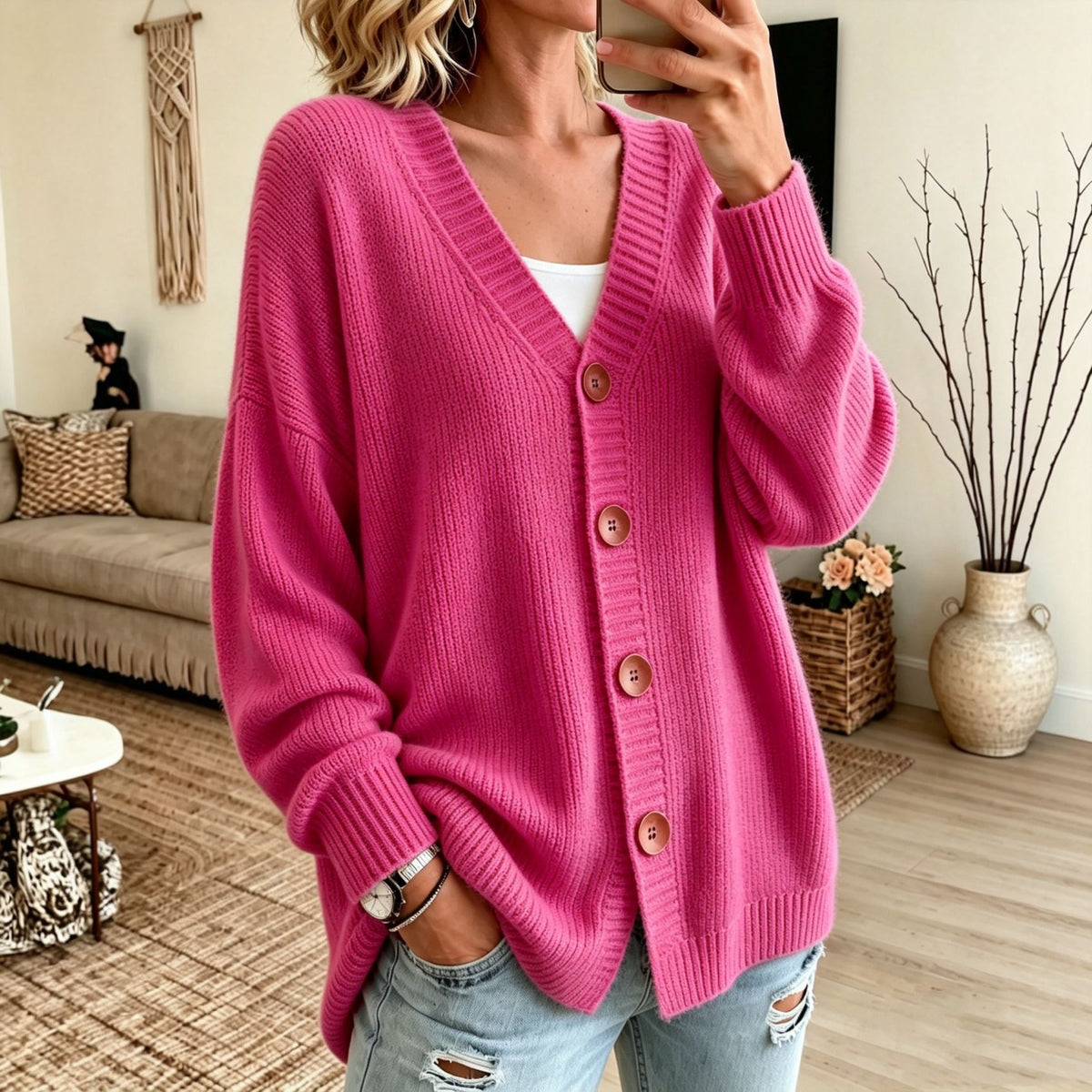 A woman wearing a bright pink ribbed knit cardigan with brown buttons, styled over a white top and light blue jeans in a cozy living room setting.