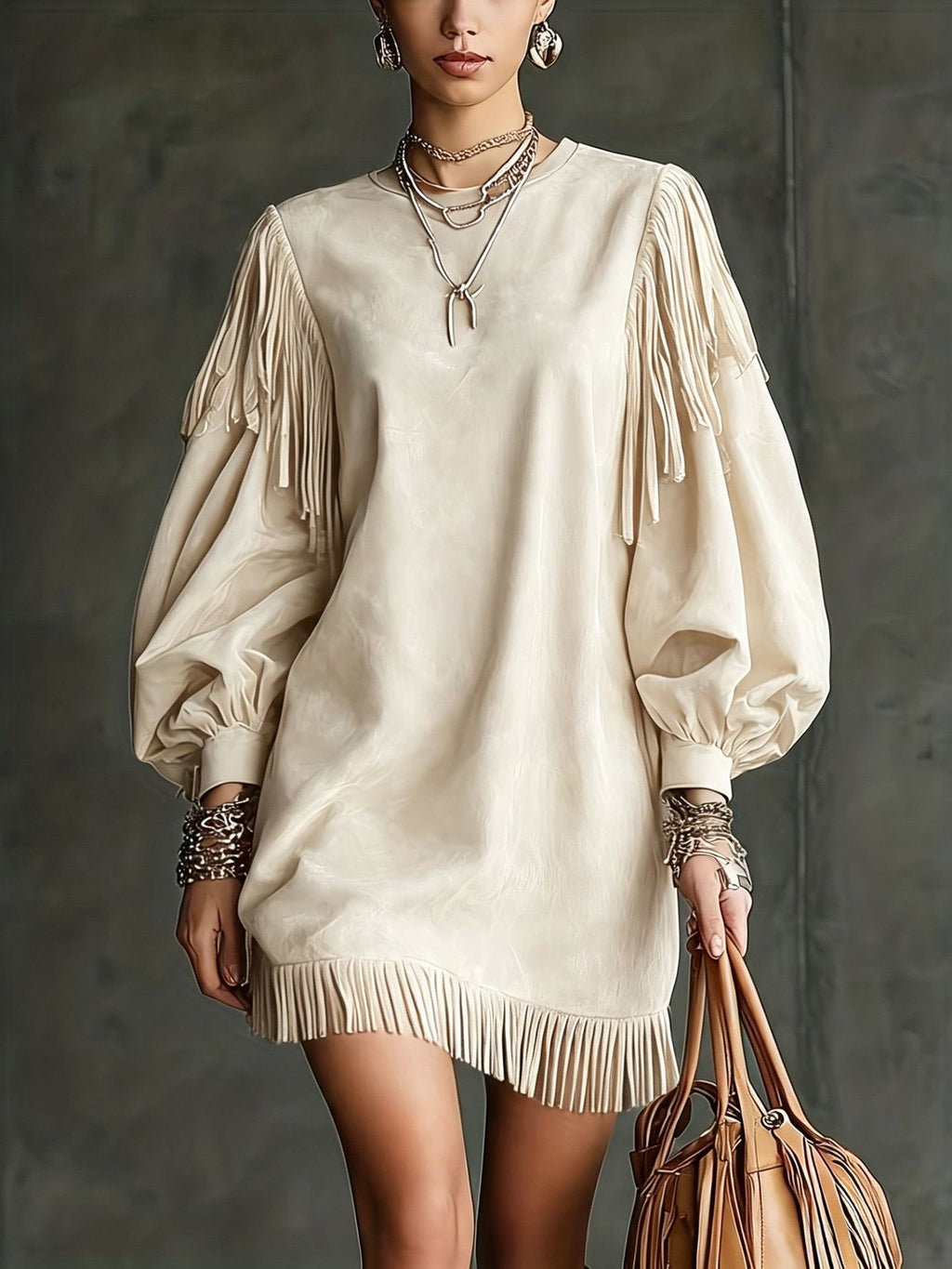 A model wears a cream-colored, oversized long-sleeve dress with dramatic fringe detailing on the sleeves and hem, styled with layered silver necklaces, bracelets, and earrings, and holds a brown leather fringe handbag against a textured gray background.