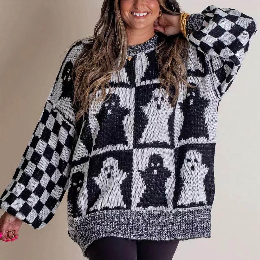 ZA-Zola Halloween Ghost Checkerboard Pullover Sweater - ZA-Zola