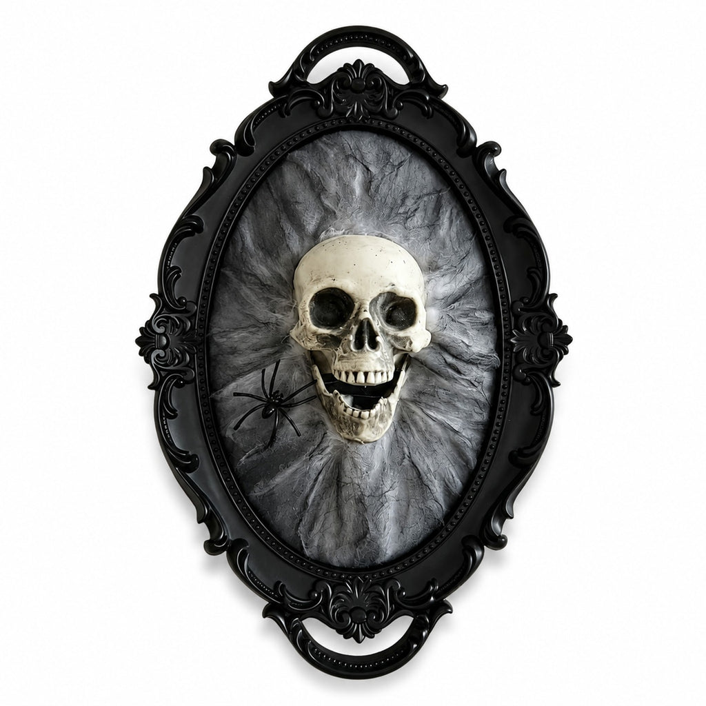 Halloween wall decor featuring a realistic skull mounted on a textured gray background with a black ornate frame.
