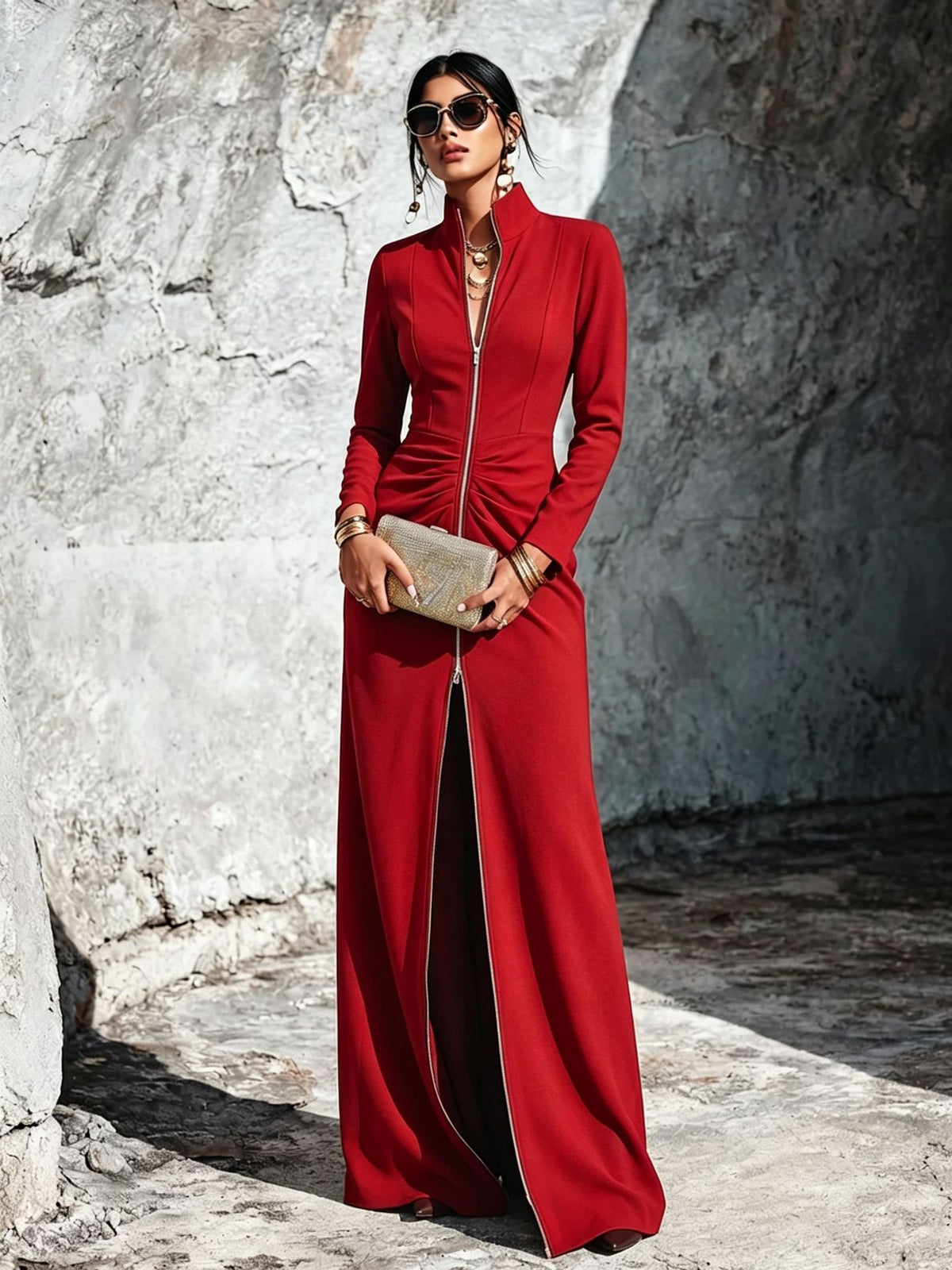 A woman stands outdoors against a textured stone wall wearing a long-sleeve red maxi dress with a high collar, front zipper, and dramatic slit. She is holding a metallic clutch and wearing gold jewelry and sunglasses.
