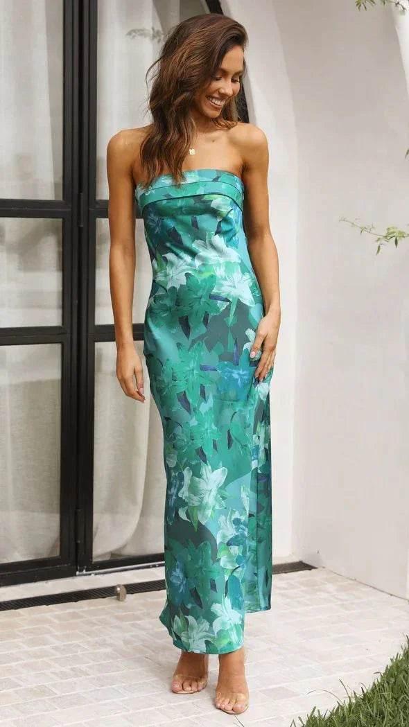 Summer Tube Top Long Dress with Backless Floral Print - ZA-Zola