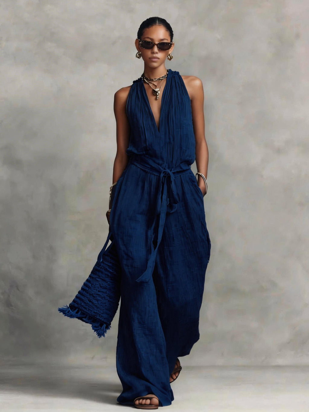 Woman wearing a flowing navy blue dress against a neutral background