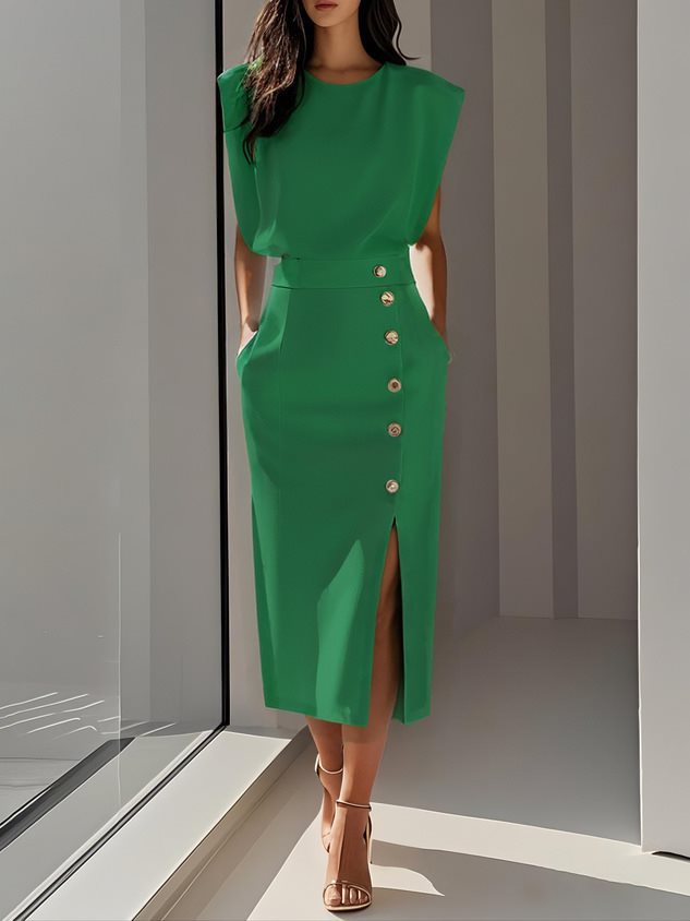 Woman wearing a green dress with buttons standing in a modern interior setting.