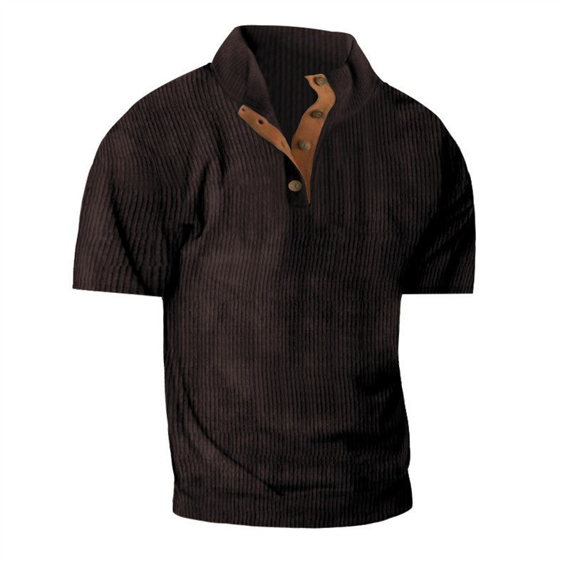 Brown ribbed short-sleeve shirt with leather collar and buttons on a white background