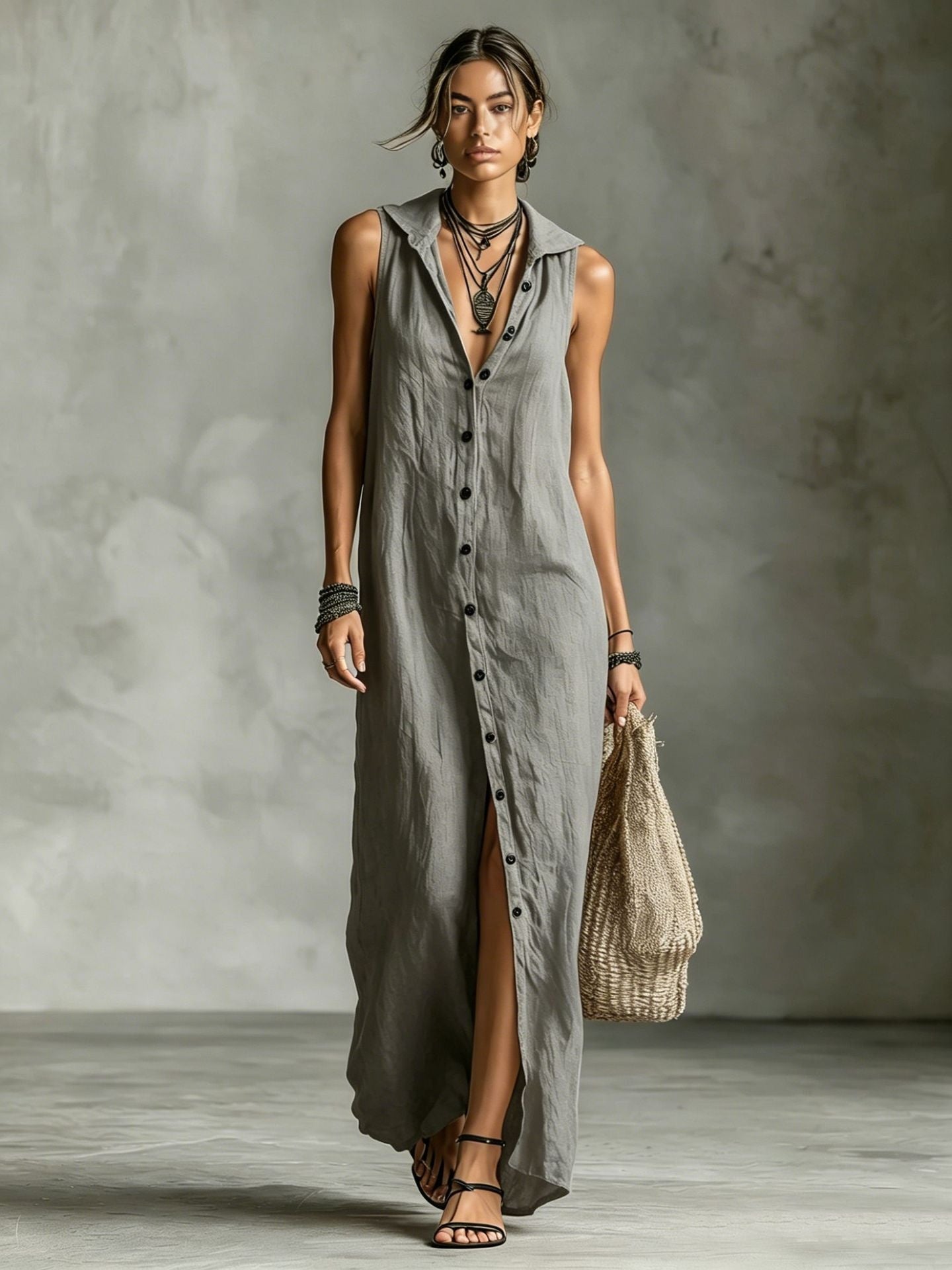 Woman wearing a long gray dress with a textured background