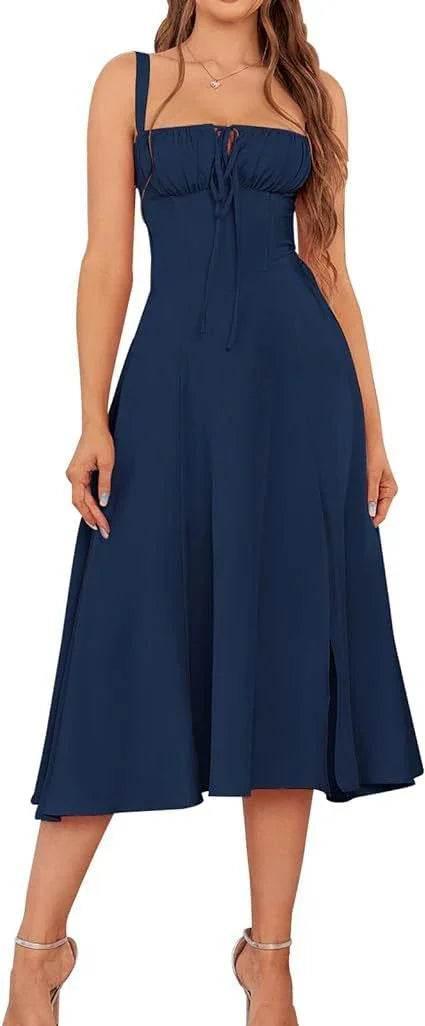 Elegant Lace-Up Mid Dress with Corset & Side Slit - ZA-Zola