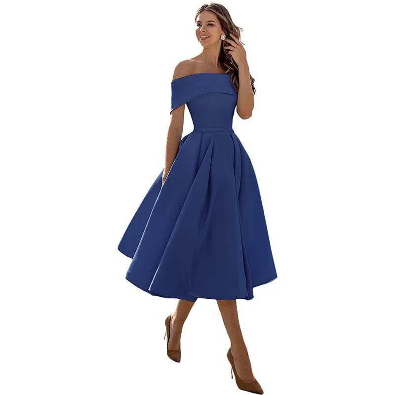 Off-Shoulder Satin Tea-Length Party Dress - ZA-Zola