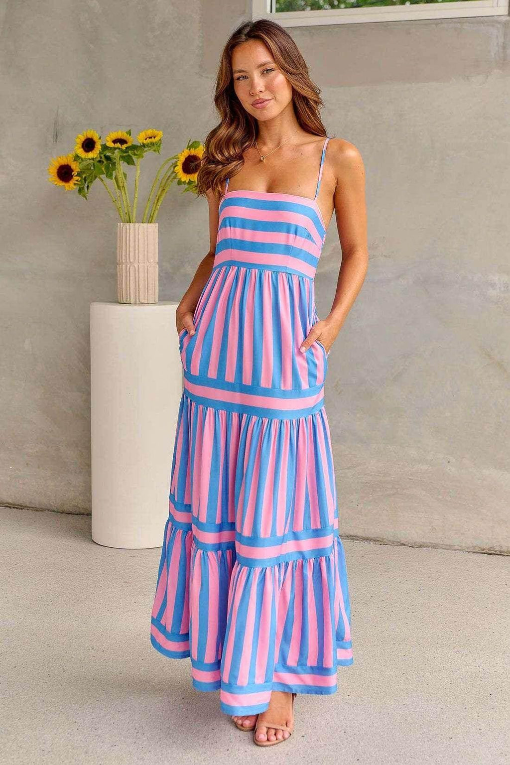 Women's Summer Striped Suspender Backless Dress with Pockets - ZA-Zola