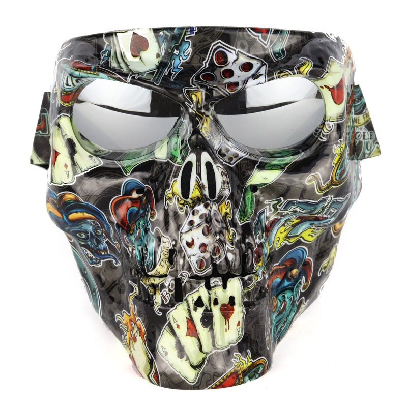 Colorful skull-themed sunglasses with intricate designs on a white background