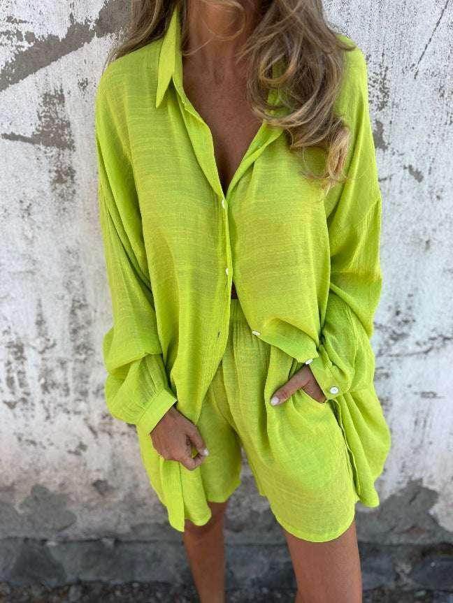 Woman in lime green oversized shirt and shorts set, trendy ZA-Zola fashion, outdoor setting