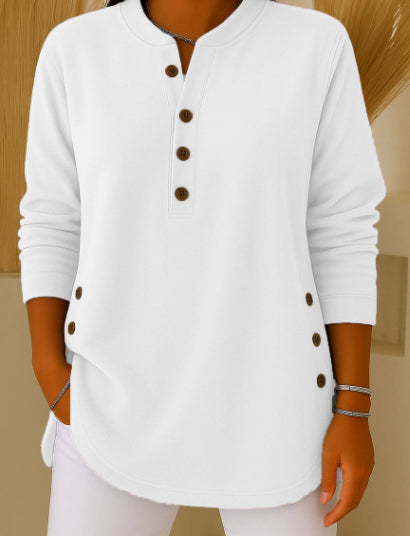 V-Neck Button Sweater Top | Women's Long-Sleeved Blouse