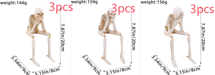Three small seated skeleton models shown side by side on a white background, each with printed dimensions and weights above it. Red text says '3pcs' above each figure.