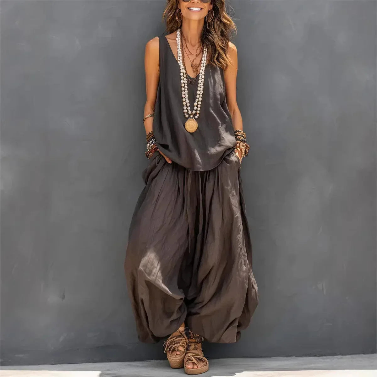 Cotton Linen Sleeveless Casual Set | Holiday Wear