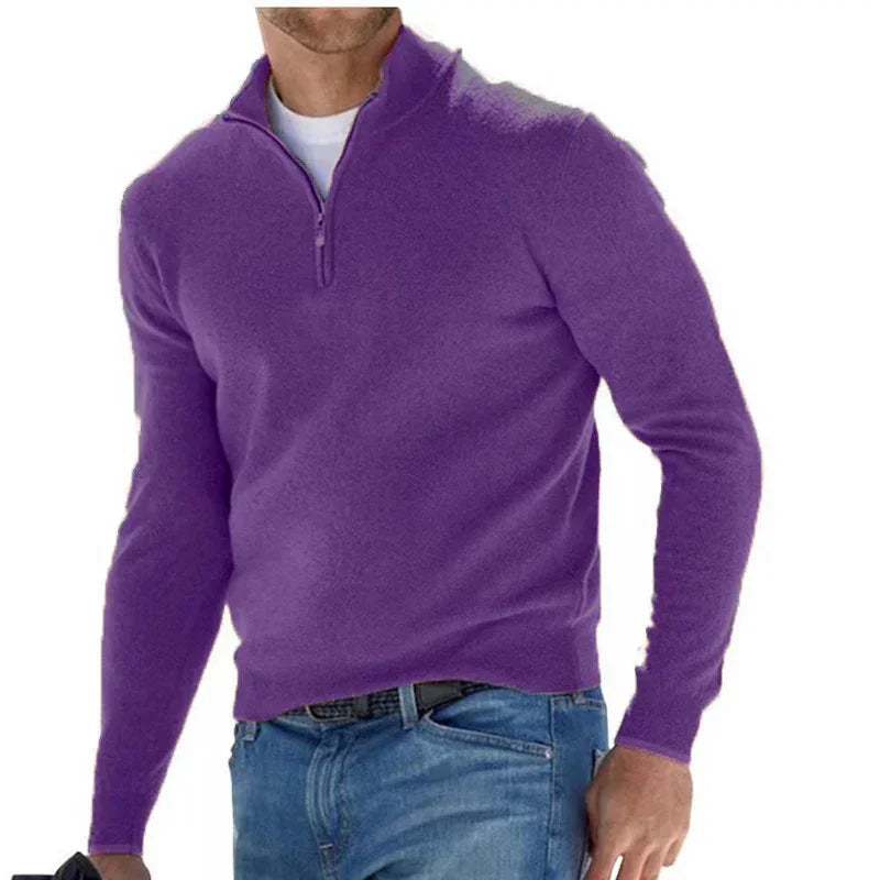 Purple quarter-zip sweater worn by a person on a white background