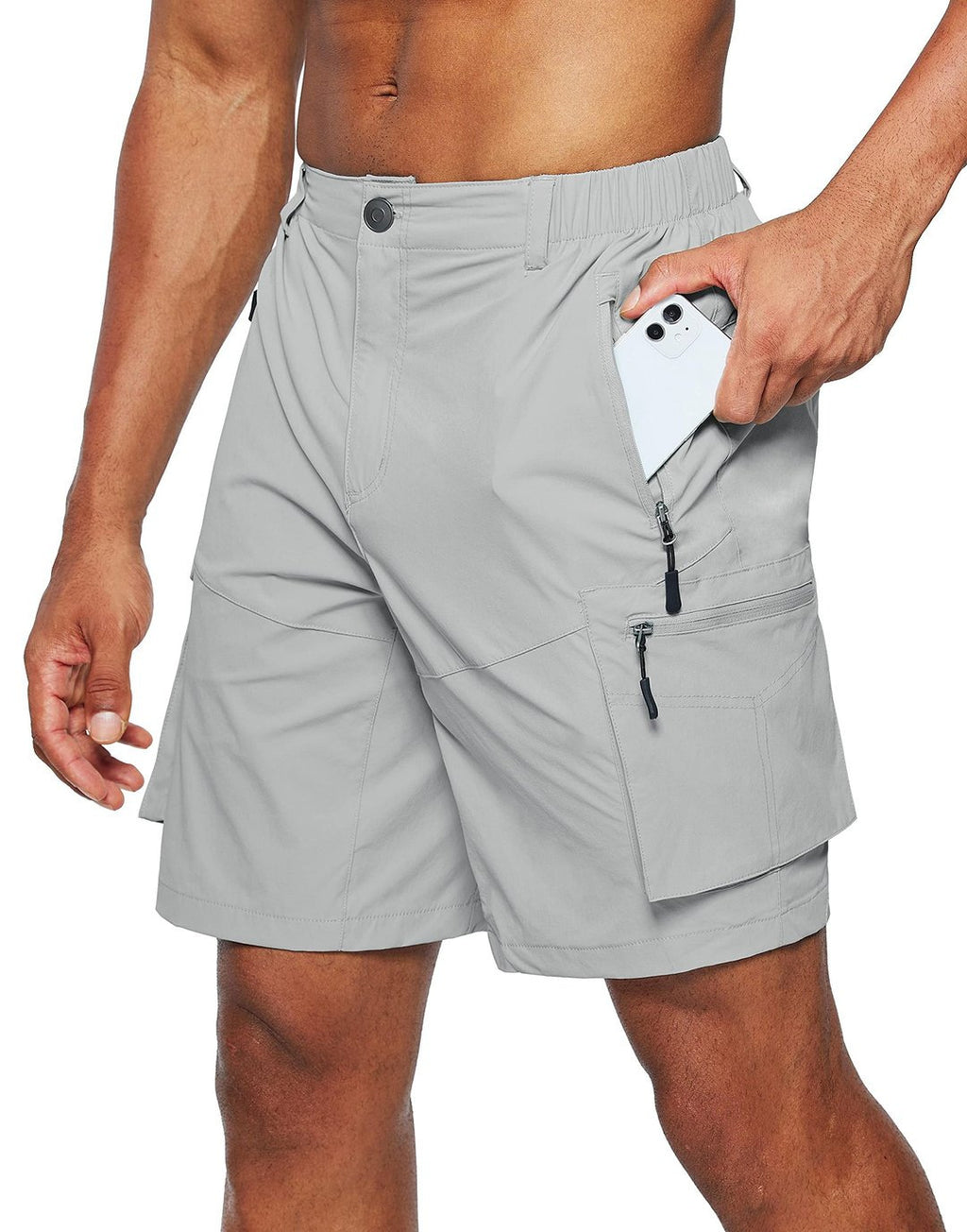 Gray shorts with multiple pockets and zippers on a white background