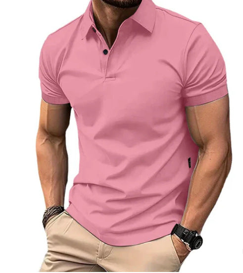 Man wearing a pink polo shirt on a white background