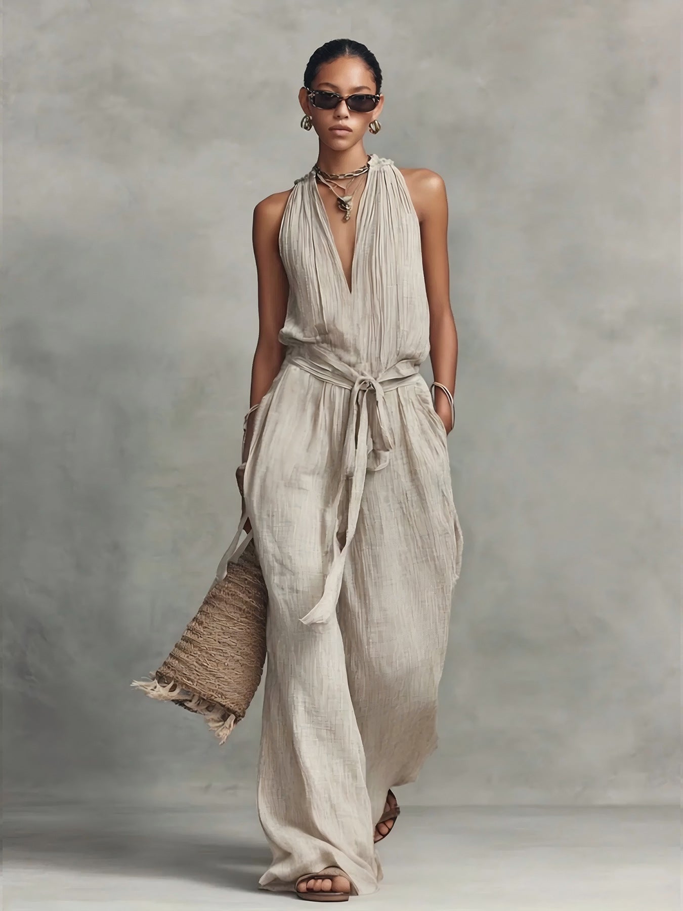 Woman wearing a flowing beige dress against a neutral background