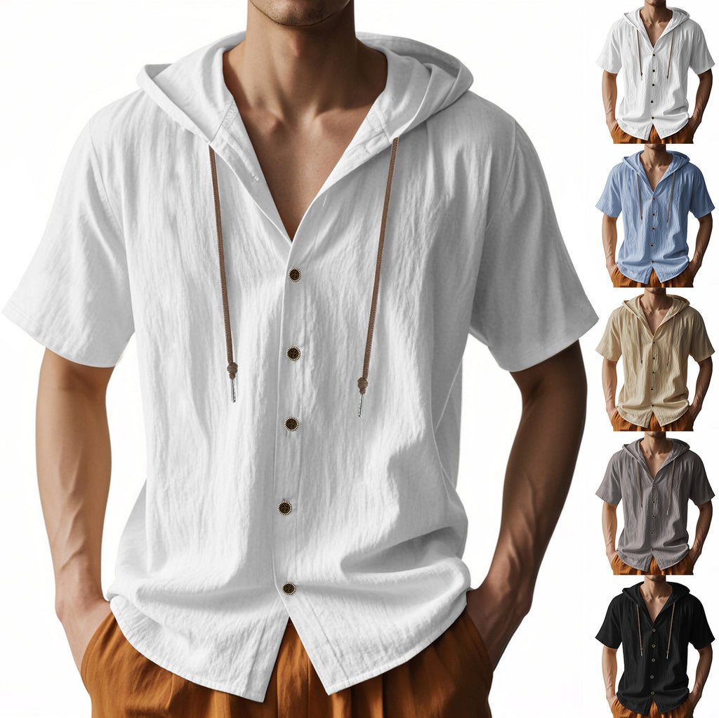 White short-sleeve button-up shirt with hood on a white background, shown in multiple color options.