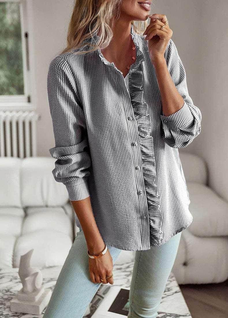 Striped Ruffle Shirt – Elegant Office Blouse - ZA-Zola