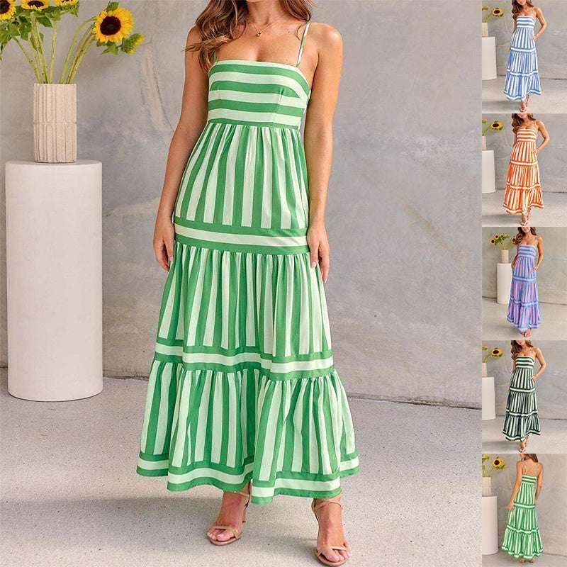 Women's Summer Striped Suspender Backless Dress with Pockets - ZA-Zola