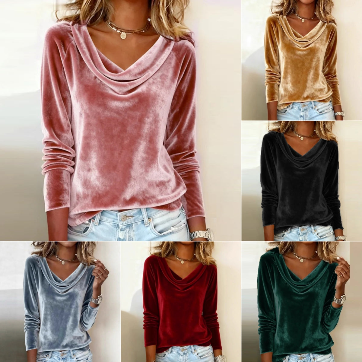 A 3x2 grid showing a women's long-sleeve cowl-neck velvet top in six color options: dusty pink, tan, black, light blue, burgundy, and forest green. The large left panel shows the dusty pink version worn by a model.