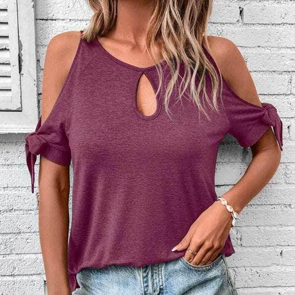Hollow Lace-Up Ruffled Sleeve T-Shirt – Women - ZA-Zola