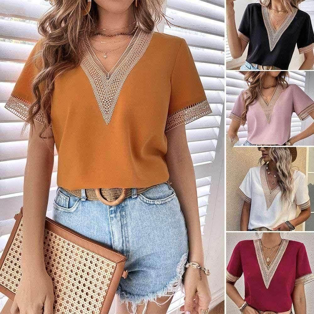 V-Neck Lace Patchwork Loose Commuter Top - ZA-Zola